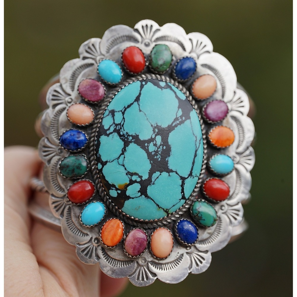 Robert Shakey - Navajo Sterling Silver Multi-Stone Turqoiuse Cuff Bracelet 109g